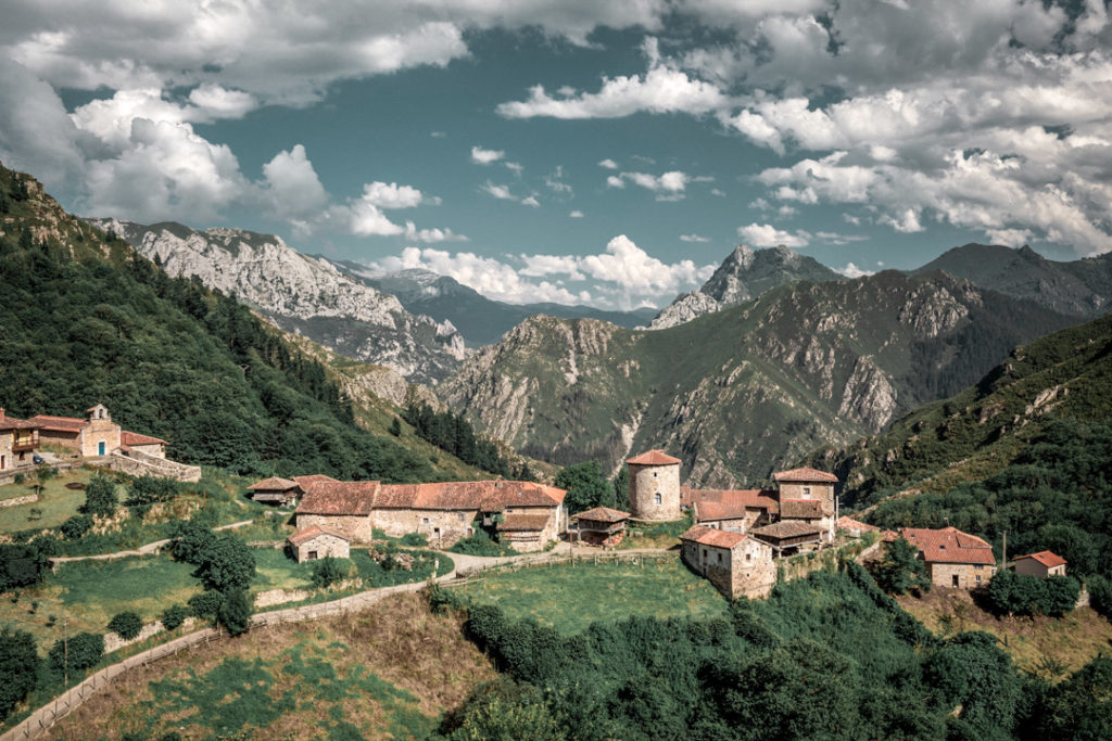 Splendid view of Bandujo, a medieval mountain village in Asturias, northern Spain, captured in summer 2018.