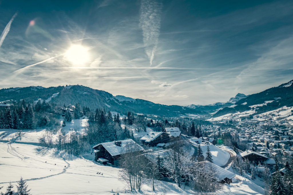 Paysage hivernal rare avec des chevreuils fuyant dans la neige près des chalets de la station de ski de Megève.
