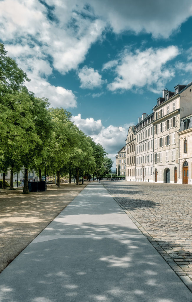 Une allée bordée de marronniers sur la Promenade Saint Antoine à Genève, avec des façades d'immeubles historiques à droite et des ombres d'arbres qui se mêlent aux formes des nuages dans le ciel.