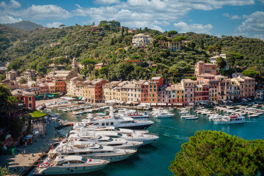 Portofino Marina with luxurious yachts, quaint colorful village, and lush Mediterranean vegetation under a blue sky.