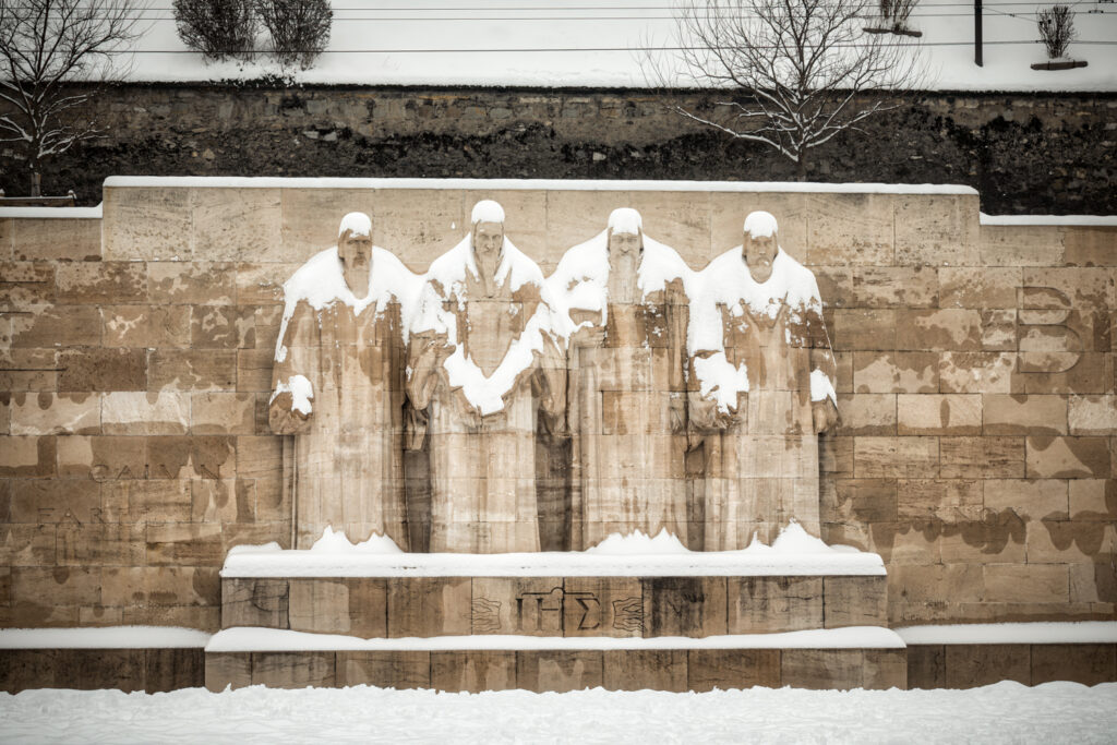 Statues of the reformers covered in snow at Parc des Bastions, Geneva